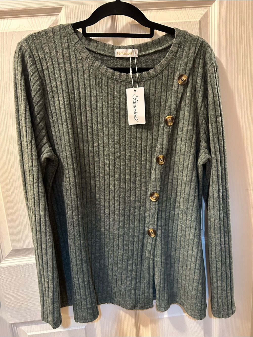 Fantastook XL Ribbed Button-Accent Sweater in Sage Green/Gray Stretchy L/S NWT